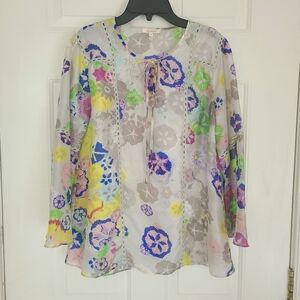 Sundance 100% Silk Multicolor Abstract Floral Blouse XS Flare Sleeve Artsy